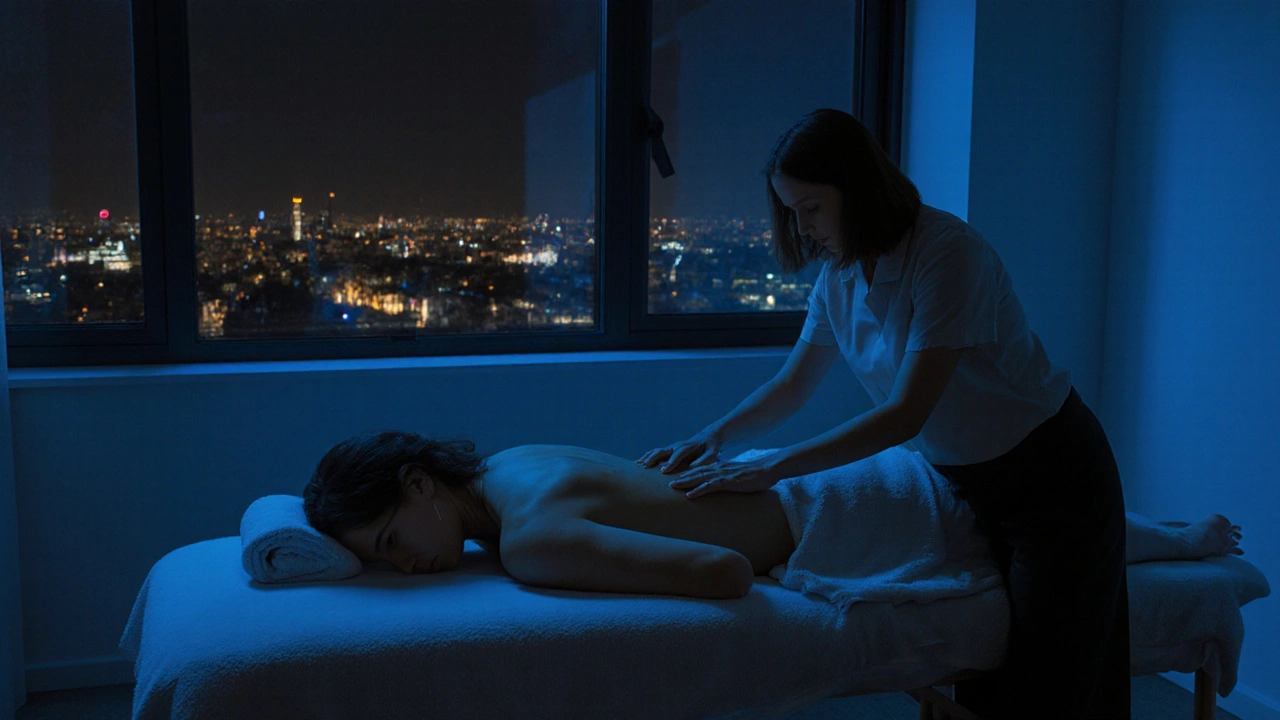 A calm outcall massage session in a London apartment at night, with city lights visible through the window and gentle therapeutic touch.