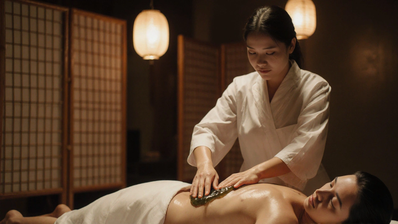 A Nuru massage in progress with therapist gliding over client using gel, both wrapped in damp cloth under soft lighting.