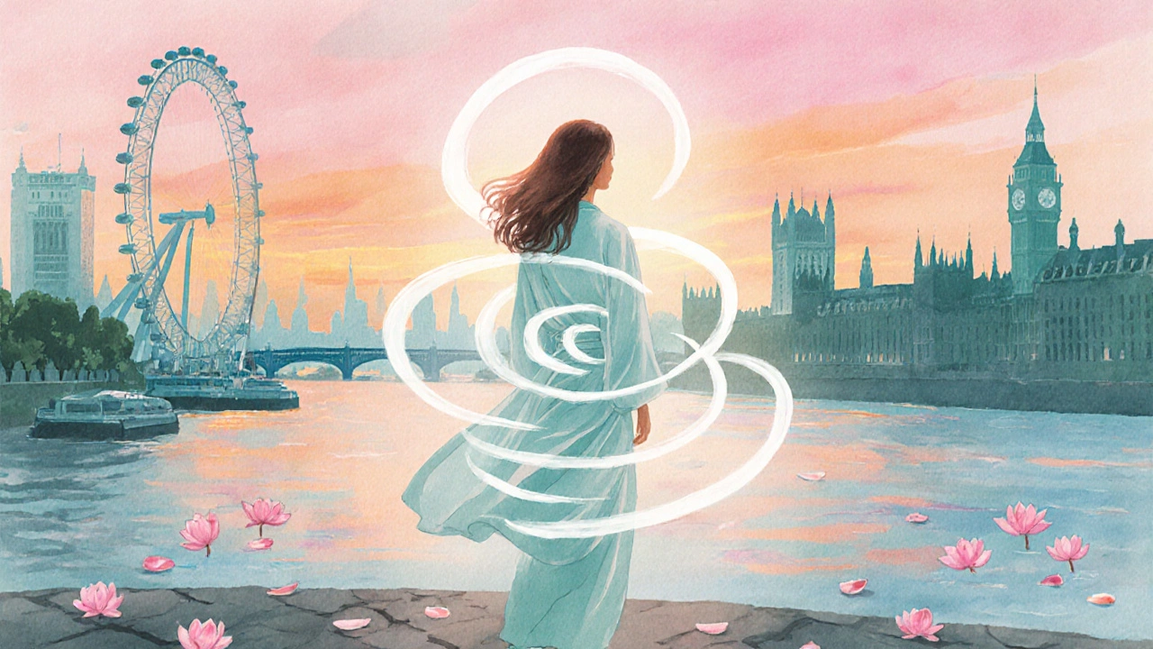 A woman bathed in glowing pastel light near the Thames at sunset, symbolizing feminine energy.