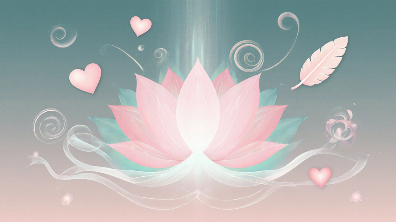 Abstract art showing lotus and energy waves symbolizing Yoni massage benefits.