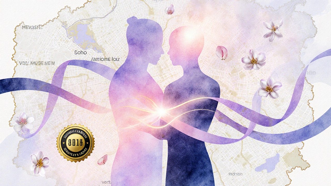 Abstract watercolor of intertwined figures, energy ribbons, and London districts suggesting sensual healing.