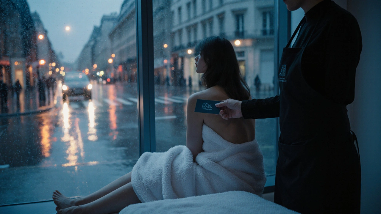 After‑massage scene of client wrapped in a towel looking at rainy London street, therapist offering a card.