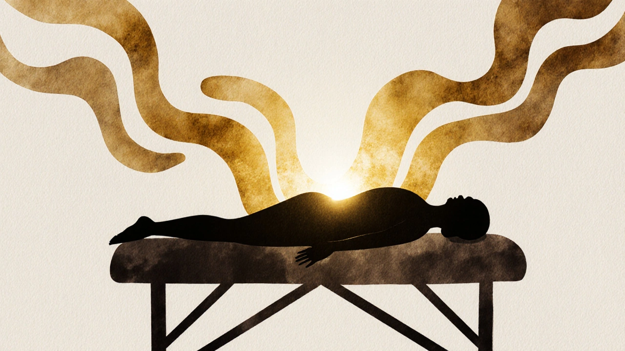 An abstract representation of emotional release during a massage, with golden energy waves rising from a reclining figure.