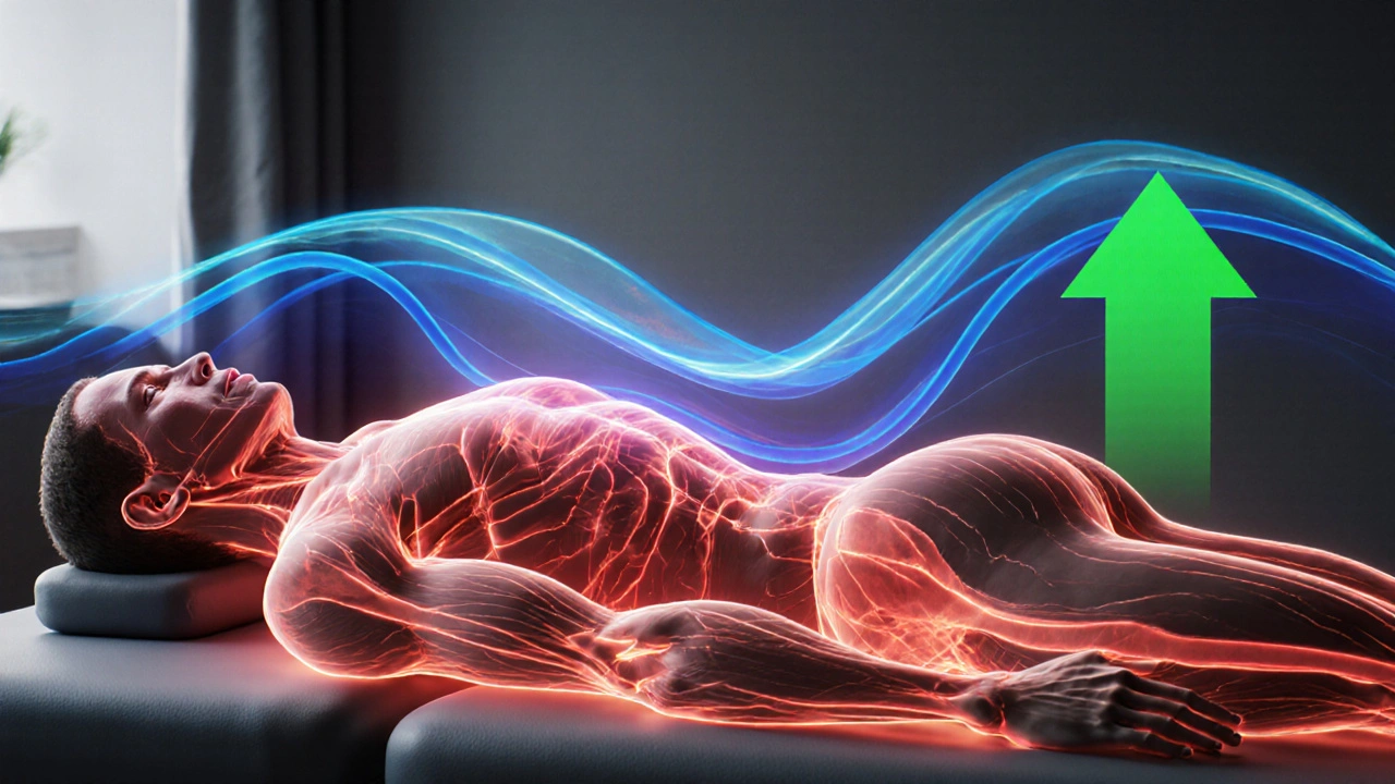 Anatomical illustration showing blood flow, reduced stress hormones, and immune boost during a massage.