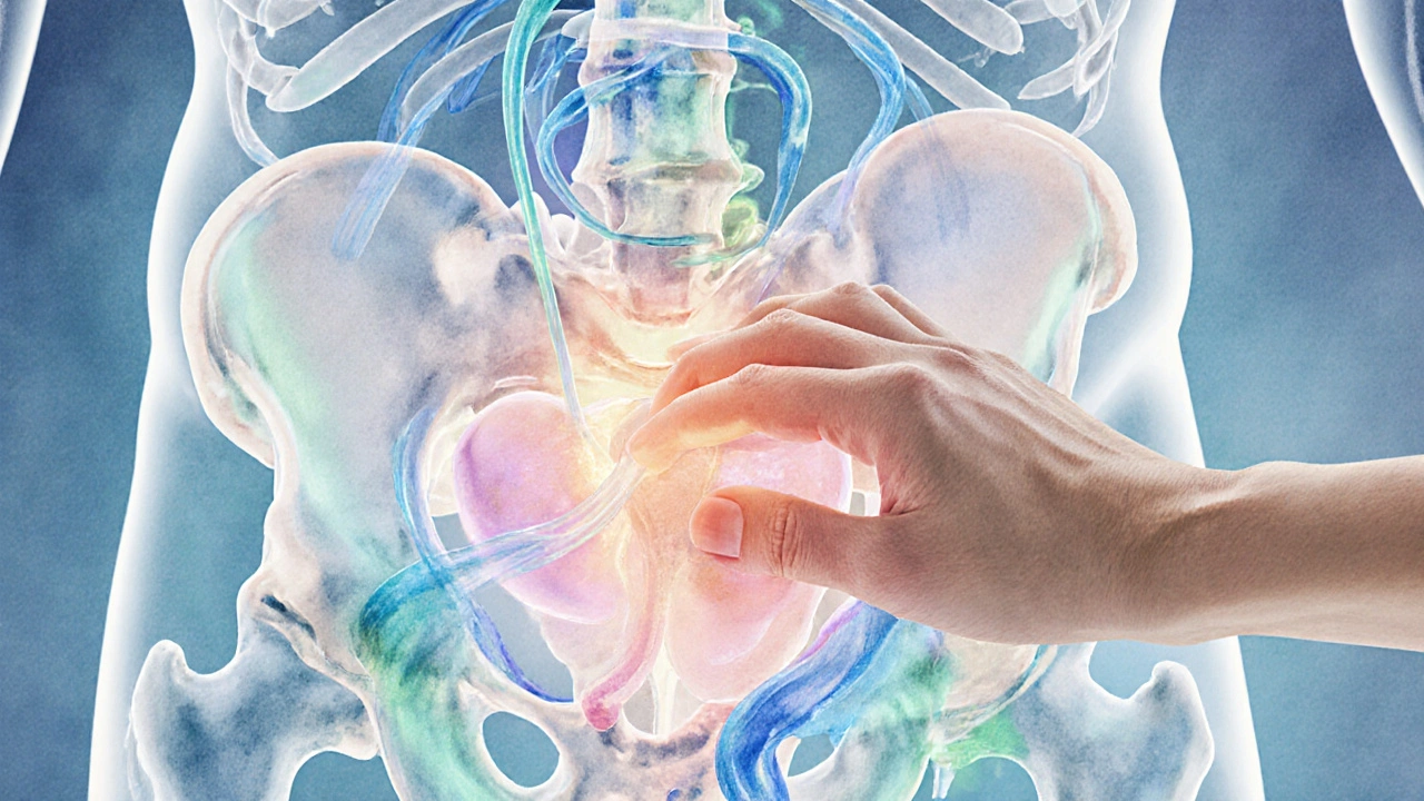 Artistic illustration of a prostate and pelvic floor with gentle hand pressure and flowing energy lines.