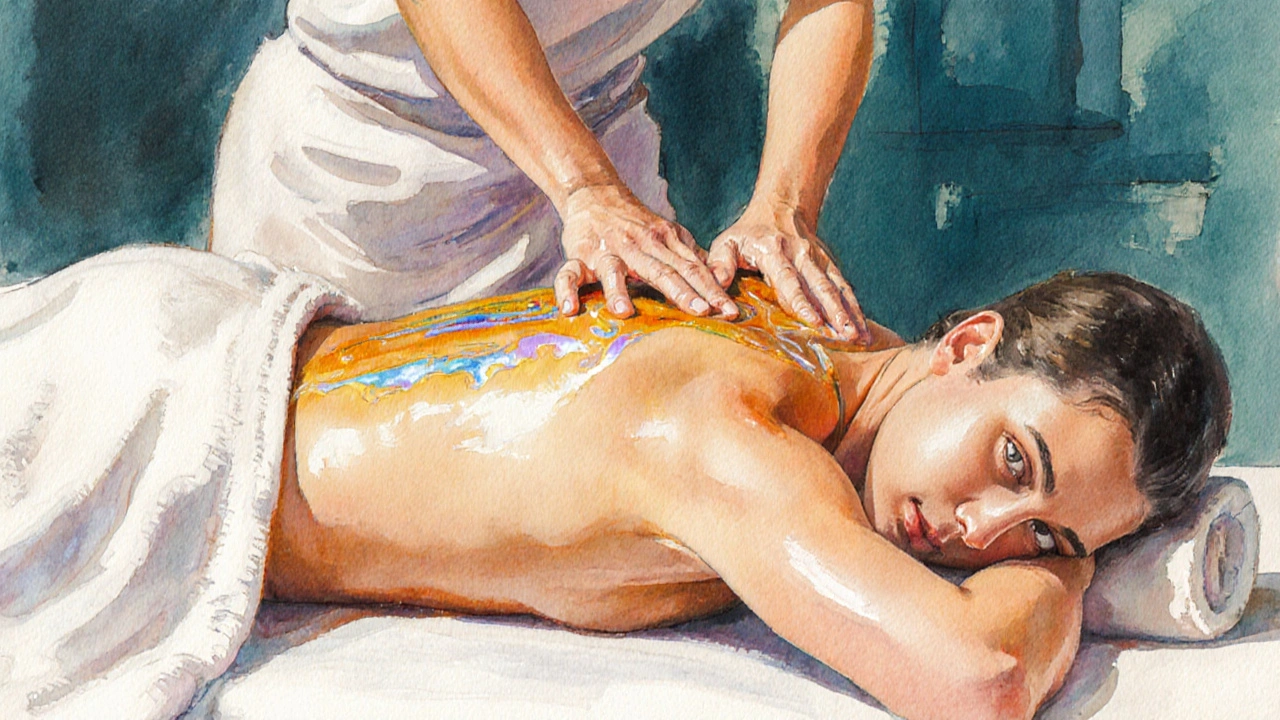 Artistic watercolor of a therapist gliding over a client with warm oil, showing relaxed skin‑to‑skin contact.