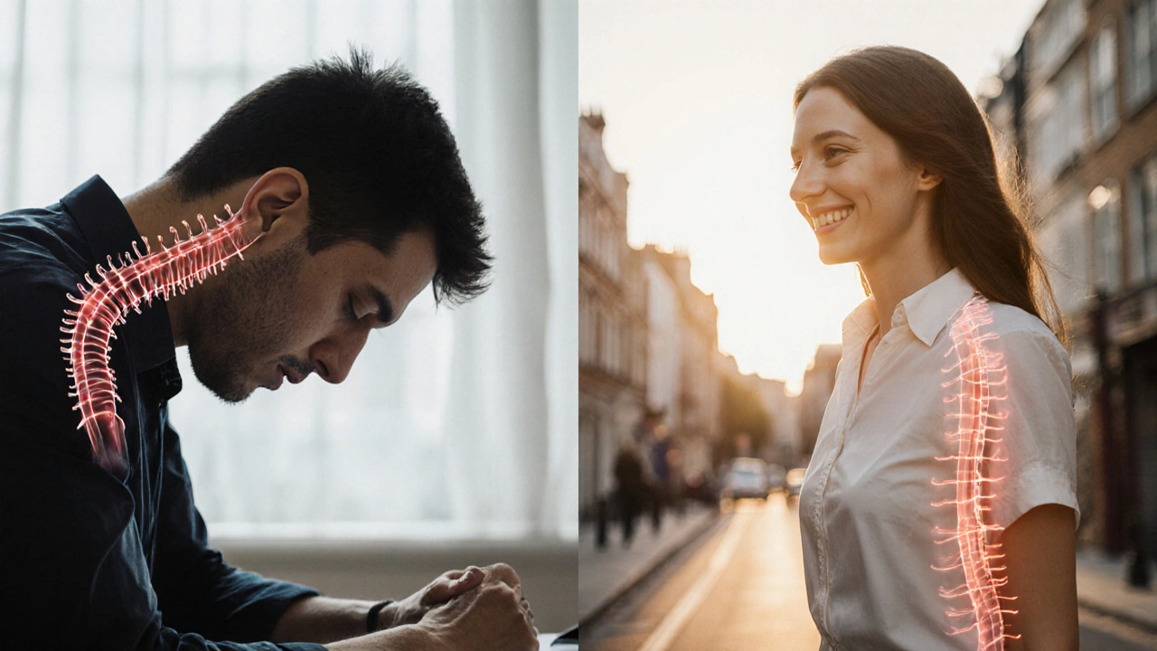 Before and after contrast: hunched posture vs. upright, relaxed stance after a private massage session.