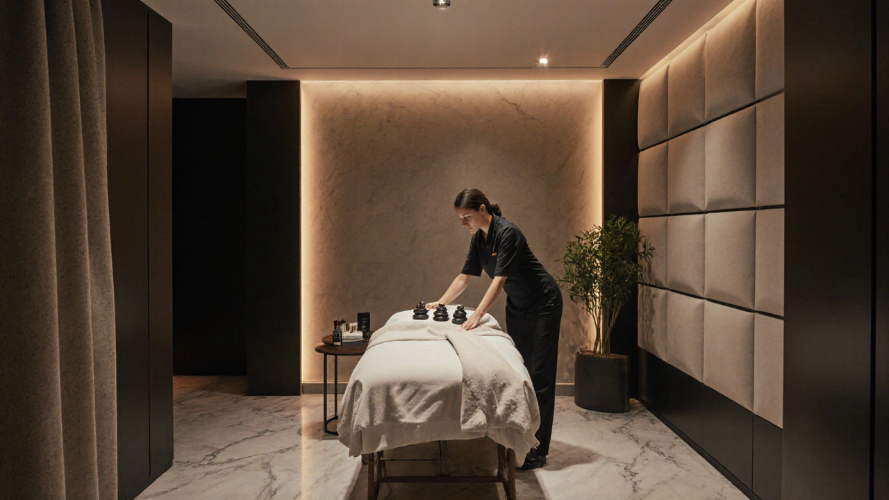 Boutique spa room with heated massage table, elegant lighting, and therapist preparing.