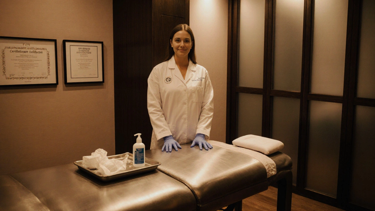 Clean wellness studio interior with therapist in gloves beside treatment table.