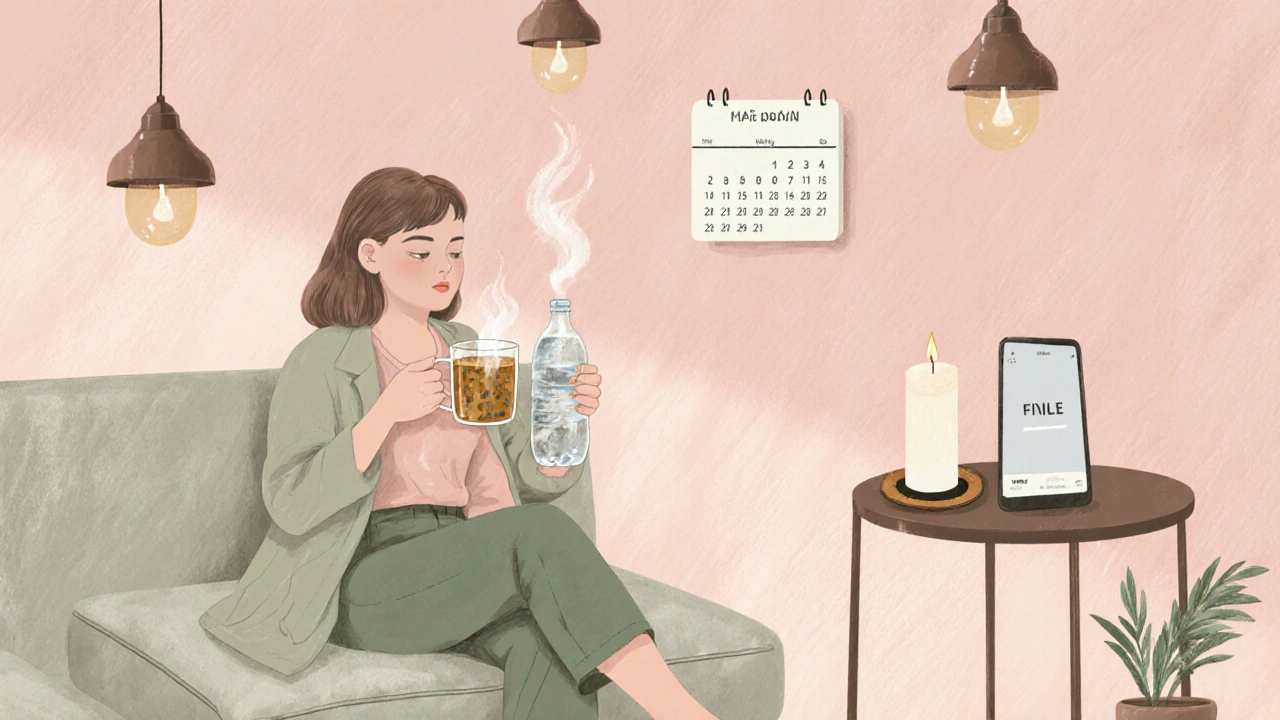 Client relaxing with tea and water after a Thai massage, with a phone nearby for booking.