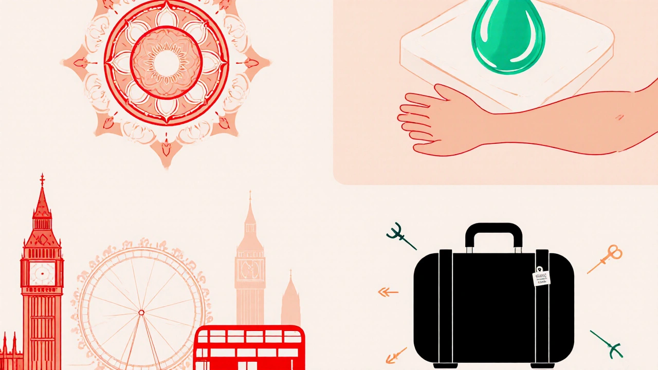 Collage of four massage style icons with subtle London landmarks in pastel colors.