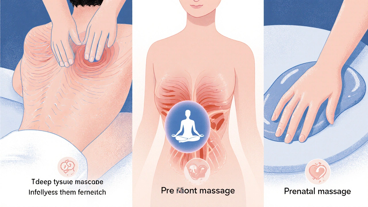 Collage of icons showing Swedish, Deep Tissue, Thai, Hot Stone, and Prenatal massage styles.
