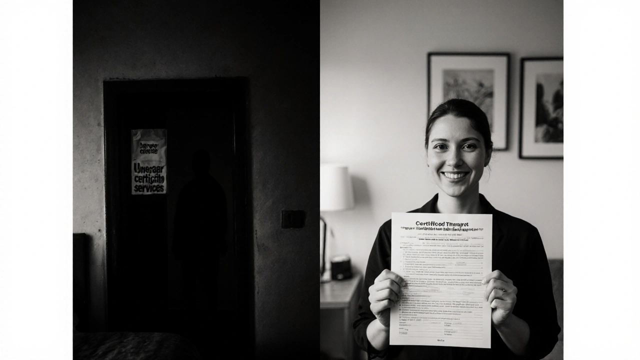 Contrasting safe professional studio versus unsafe hidden location for erotic massage services.