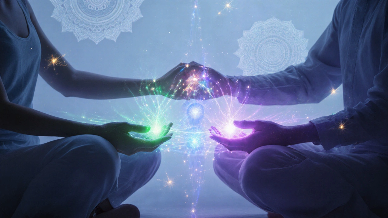 Couple's auras intertwine with aligned chakras, creating luminous trails of light between them.