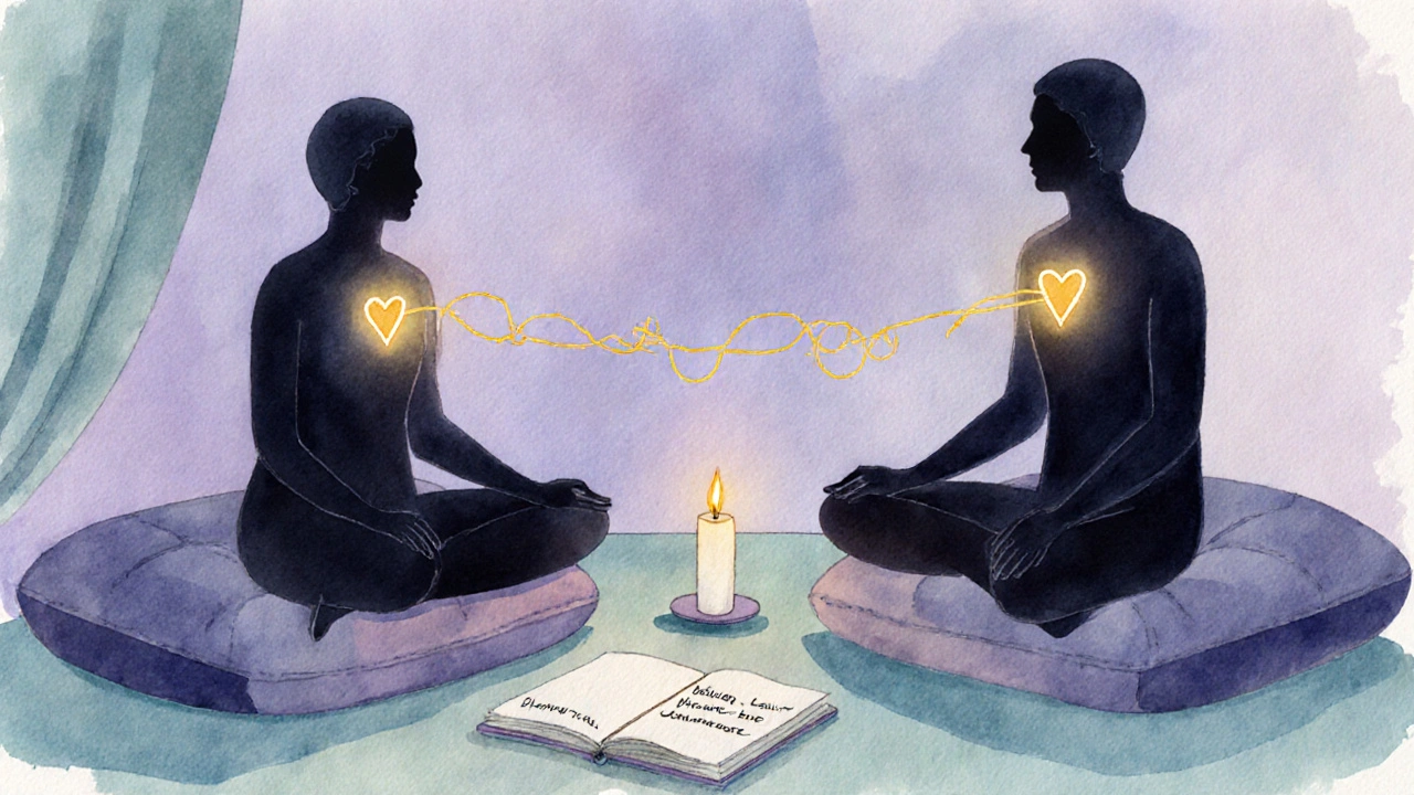 Couple silhouettes with connected golden light and shared intention in a tranquil setting.