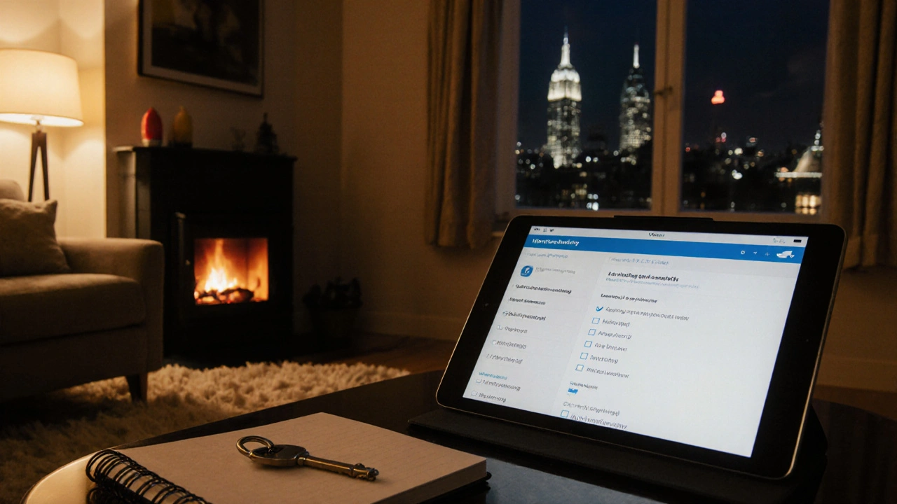 Cozy London apartment at night showing booking tablet, key, checklist, and skyline.