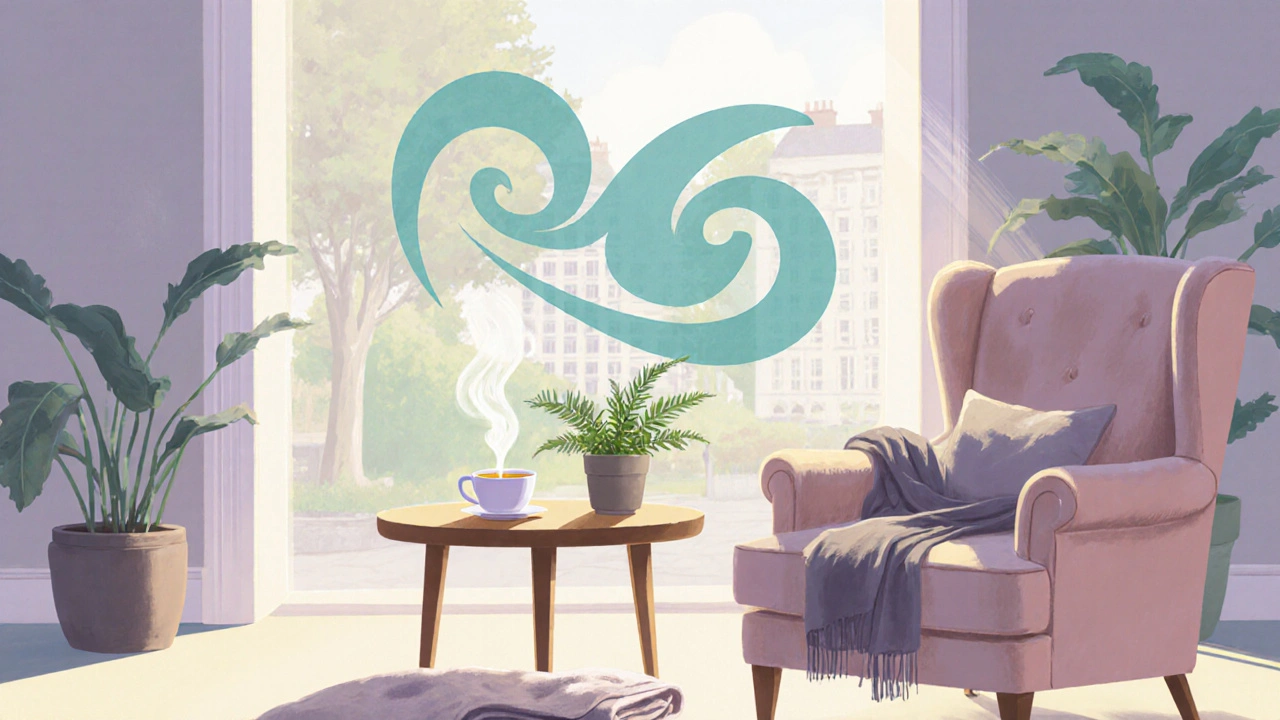 Cozy lounge with tea cup and subtle prostate illustration, bathed in soft light.