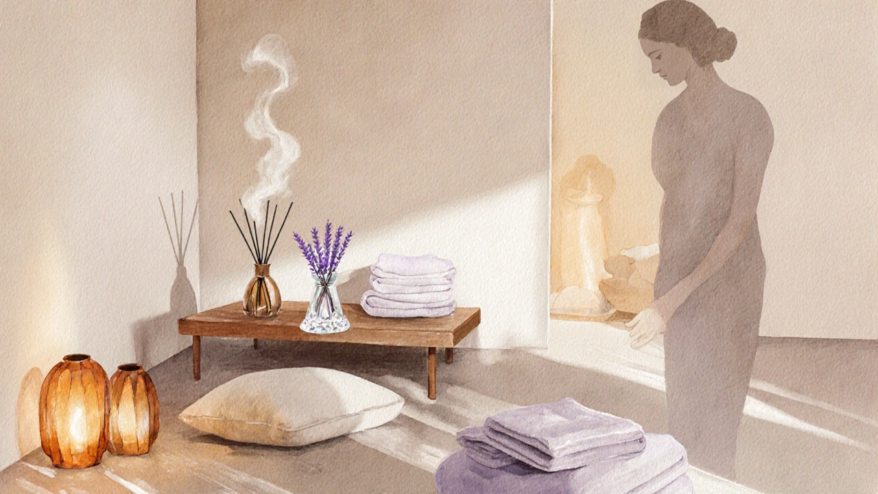 Cozy treatment room with crystals, diffuser mist, and soft lantern light.