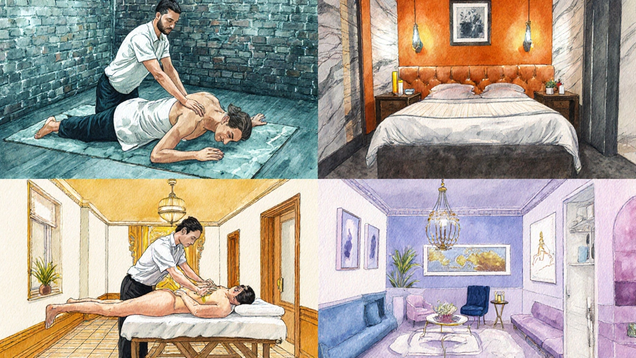 Four mini‑scenes showing different Thai massage styles in Shoreditch, Mayfair, Clapham, and Camden.