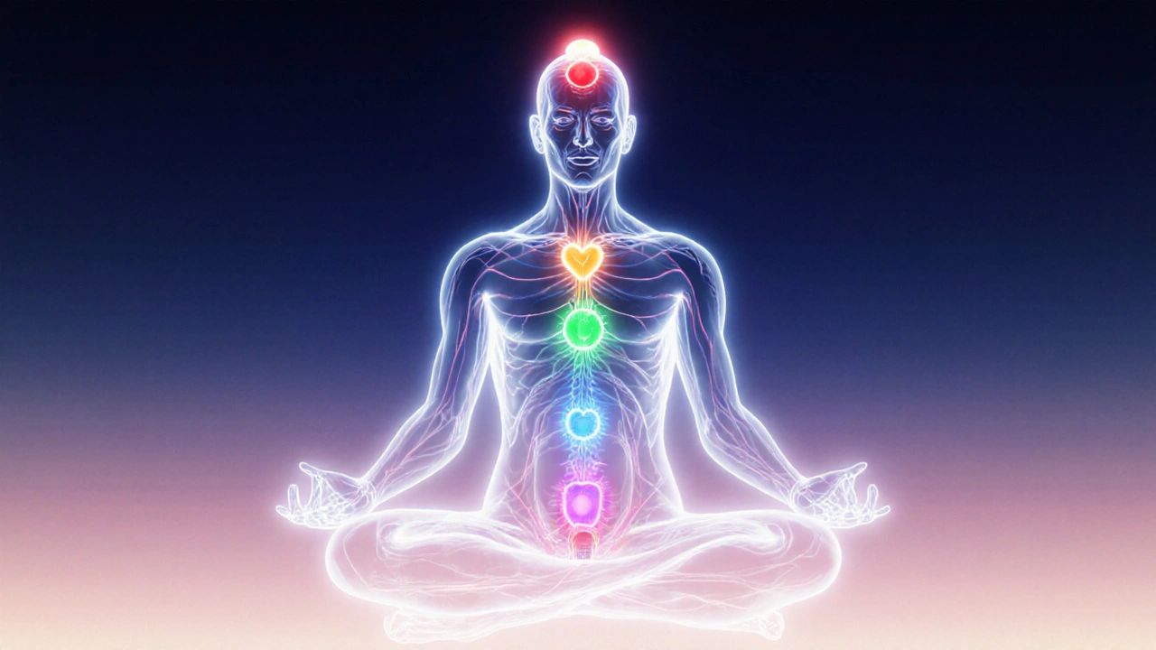 Glowing human silhouette showing chakra points and energy meridians.