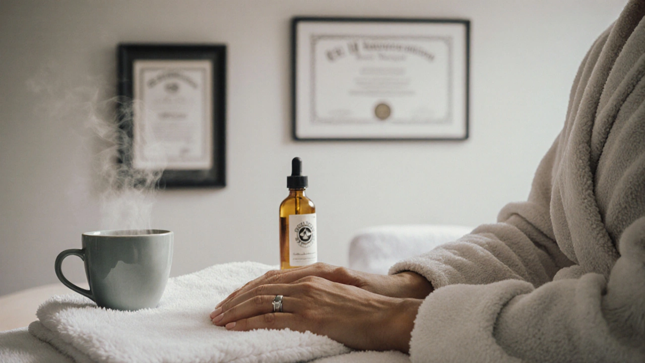 Hands resting on a robe next to tea and massage oil in a clean, professional wellness space.