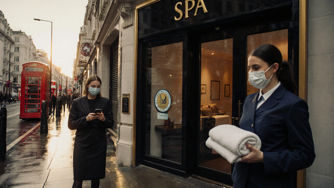 Modern London spa entrance with client booking on phone and therapist holding clean linen.