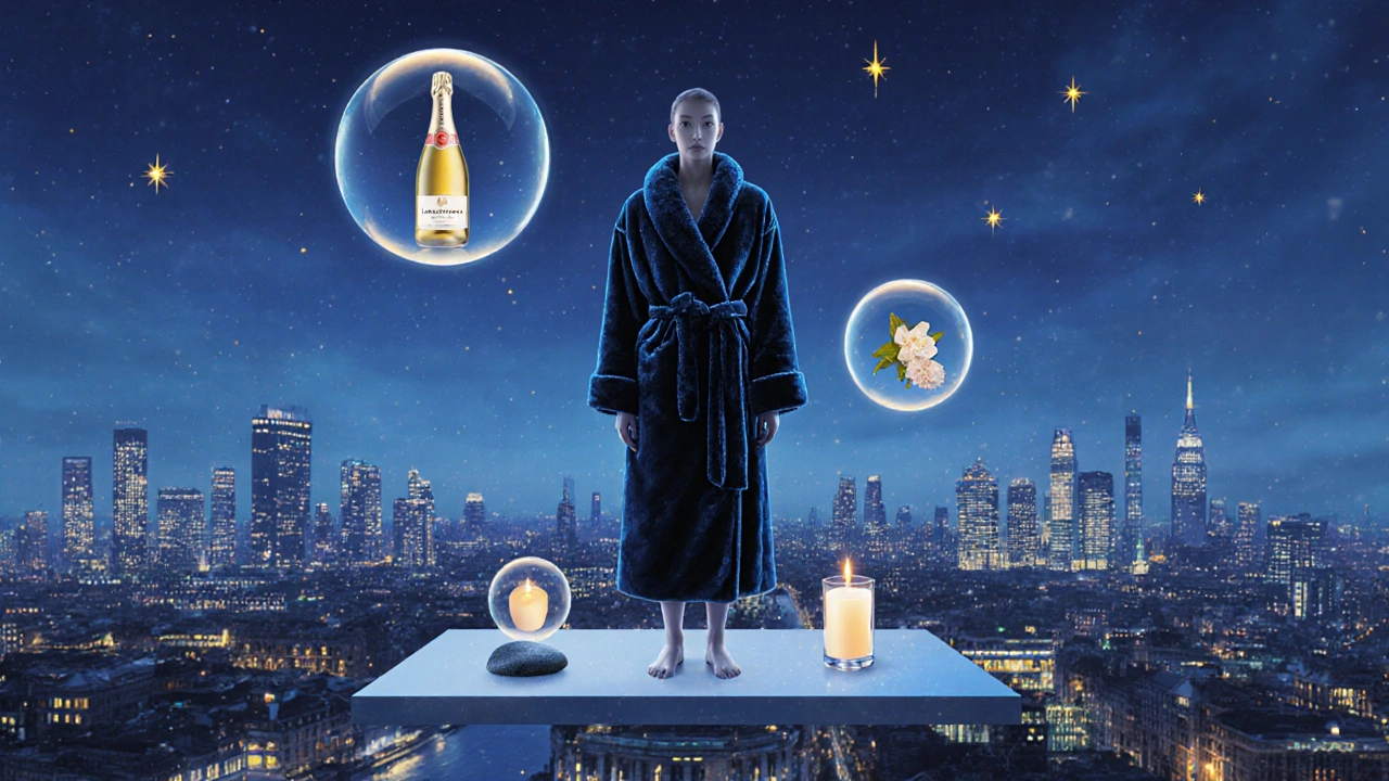 Person in a plush robe floating above a twilight London skyline surrounded by relaxation symbols.