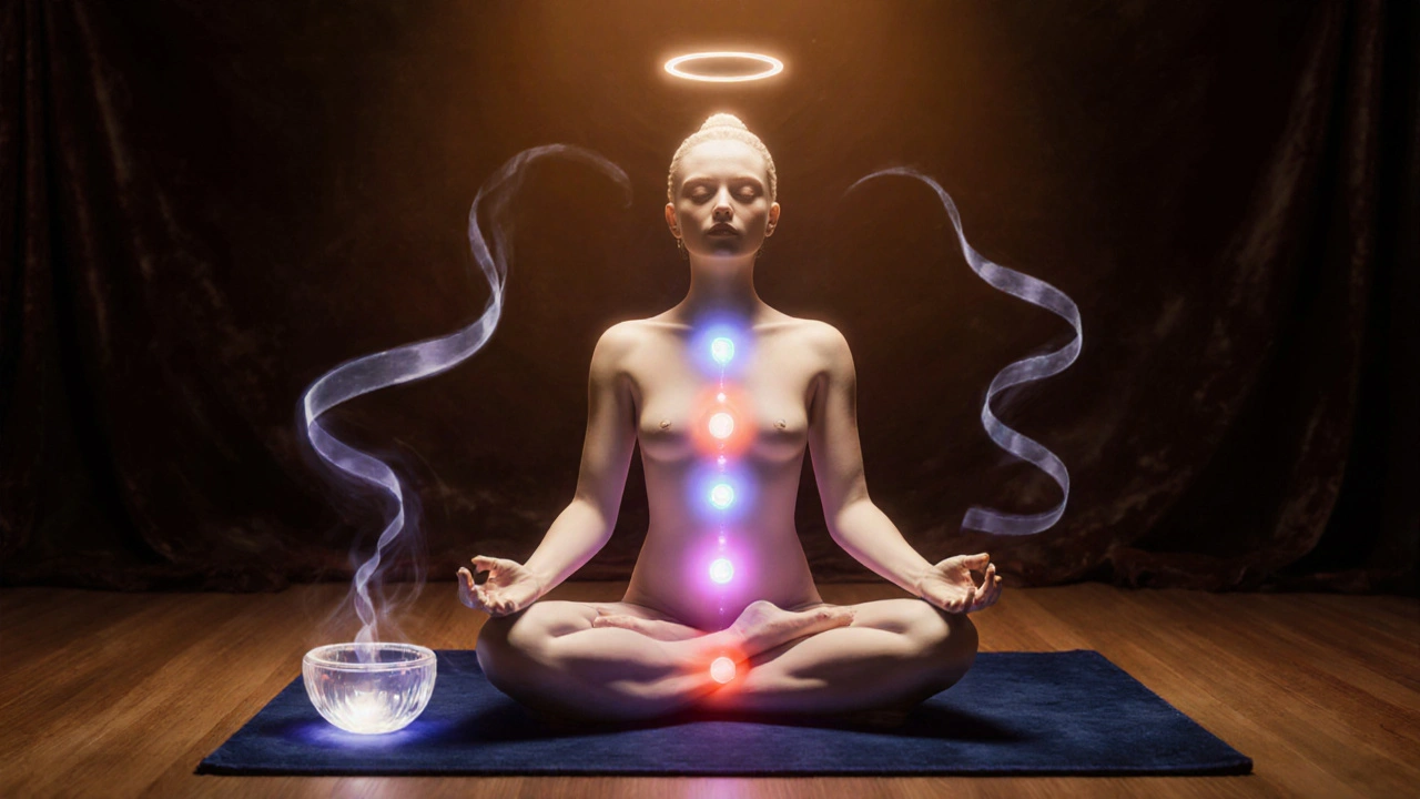 Person in lotus pose with glowing chakras and light ribbons swirling around them.