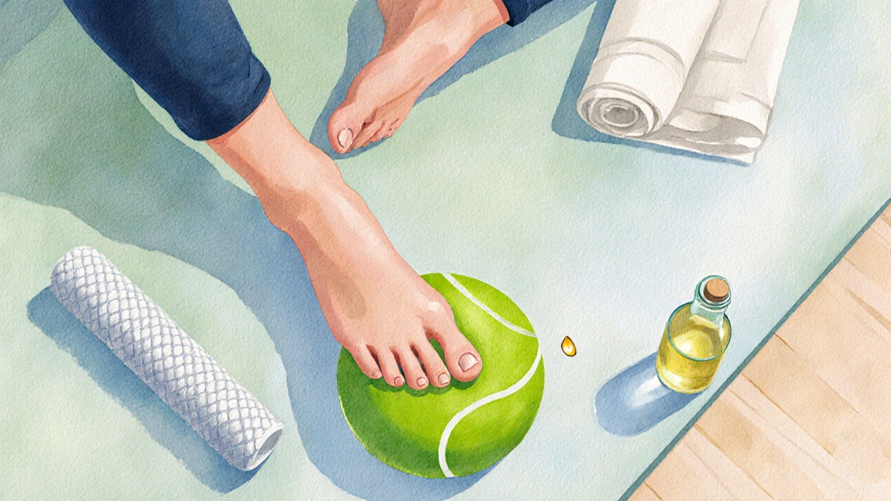 Person rolling a tennis ball under the foot while foam roller and oil bottle lie nearby.