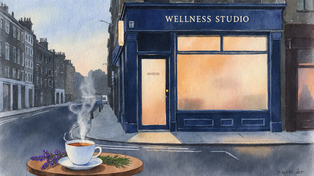 Quiet London street with a tranquil wellness studio and herbal tea on a table.