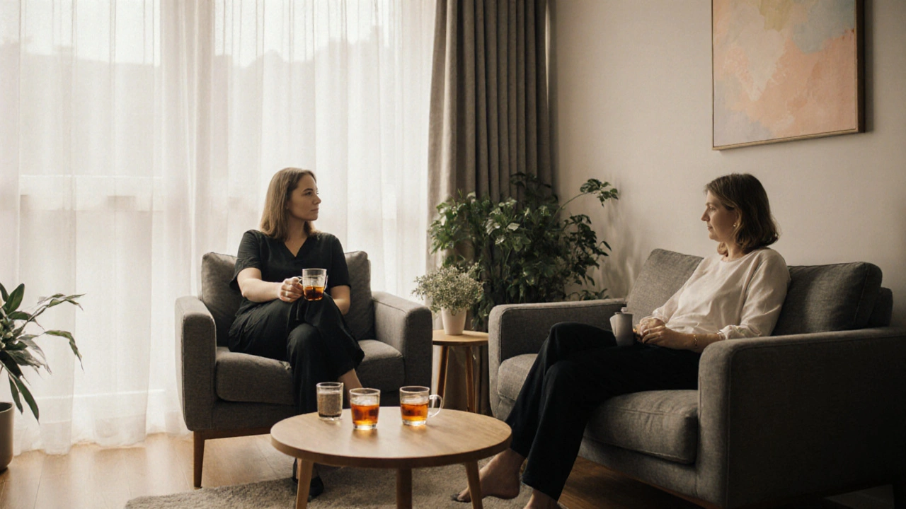 Relaxing aftercare area with two people sipping tea, soft light, and indoor plants.