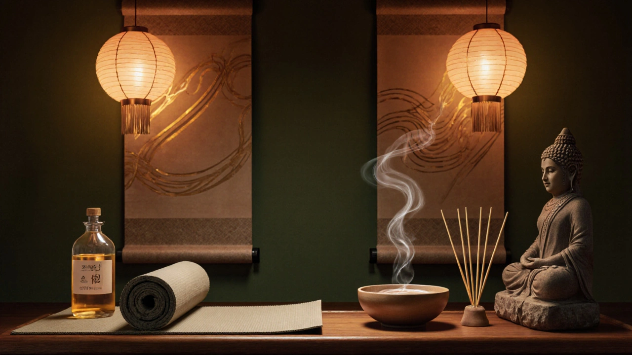 Serene spa room displaying Thai mat, oil bottle, Nuru gel, bamboo incense and silk scrolls.