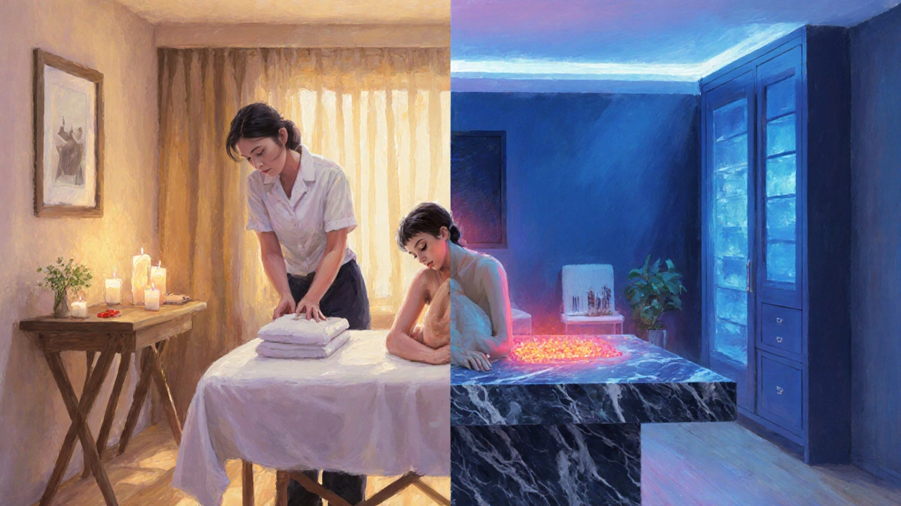 Split scene showing home outcall setup vs. spa in‑office treatment with a relaxed figure.