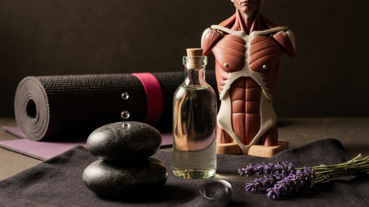 Still‑life of hot stones, oil bottle, massage roller, muscle model, Thai mat and lavender.
