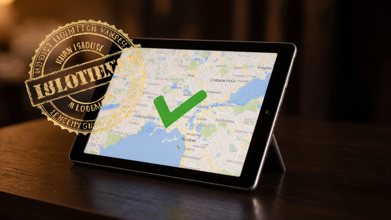 Tablet displaying a checkmark beside a blurred London map with highlighted neighborhoods and a safety seal.