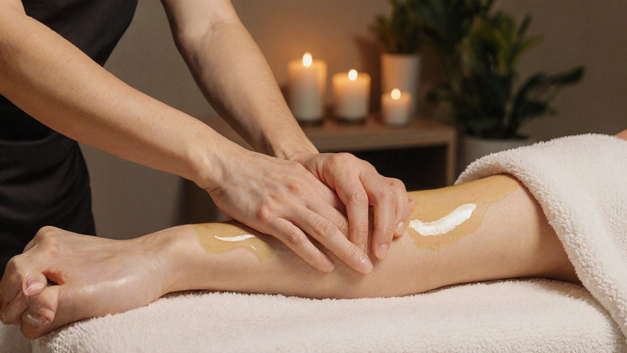 Therapist's forearm and client's hand gently resting together on a towel, conveying trust and therapeutic connection.