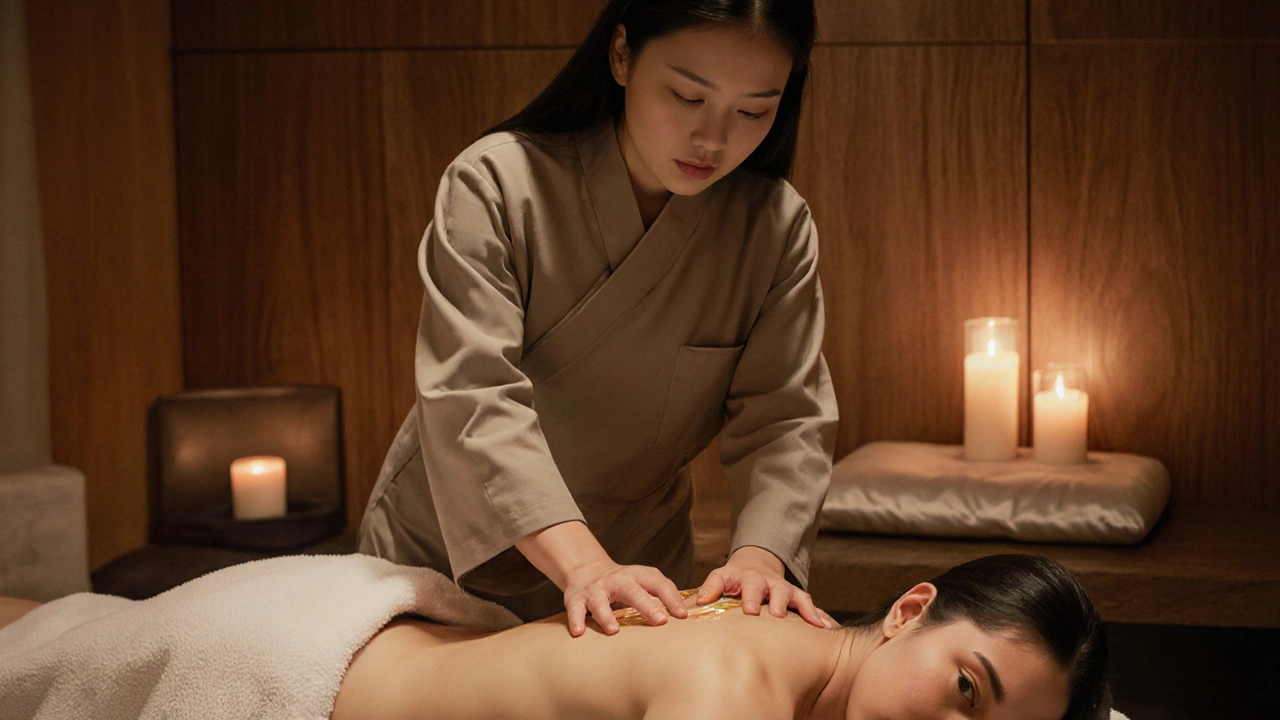 Therapist applying warm oil to a client’s back, both modestly covered in a softly lit room.