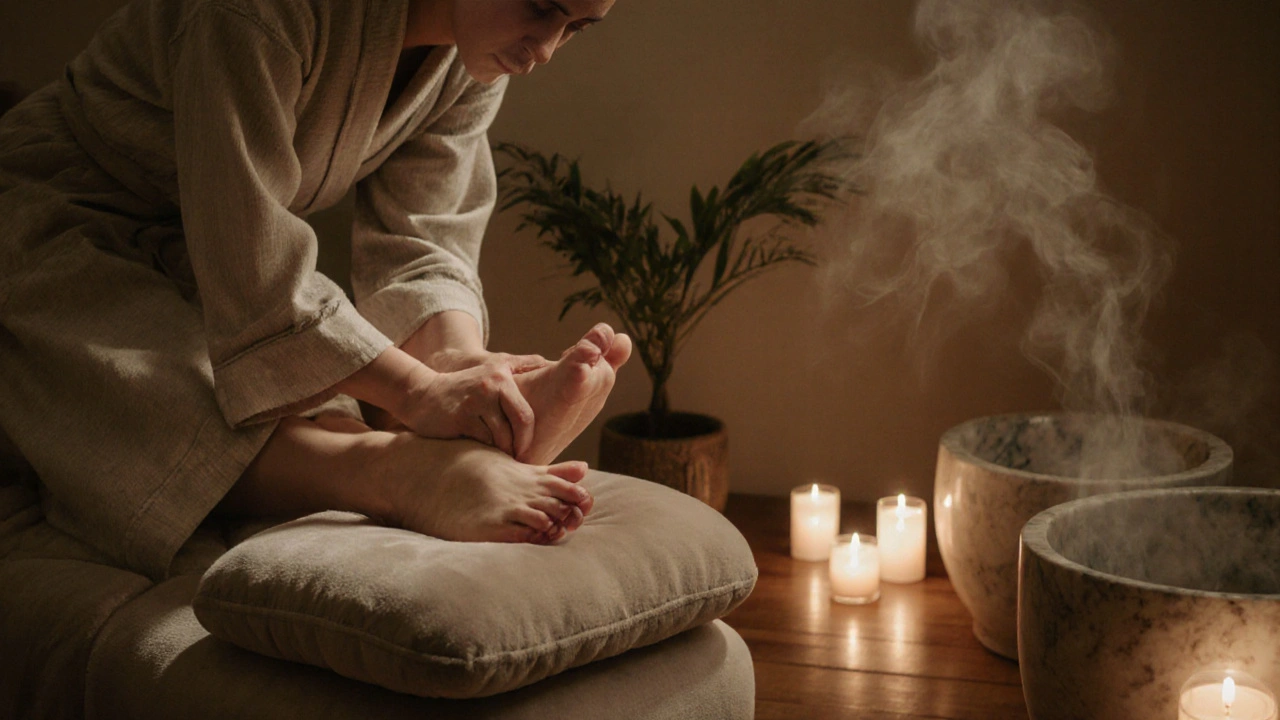 Therapist performing reflexology on a client’s foot in a tranquil London spa.