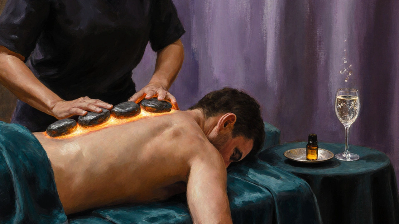 Therapist placing heated stones on a client’s back beside champagne and essential oils.