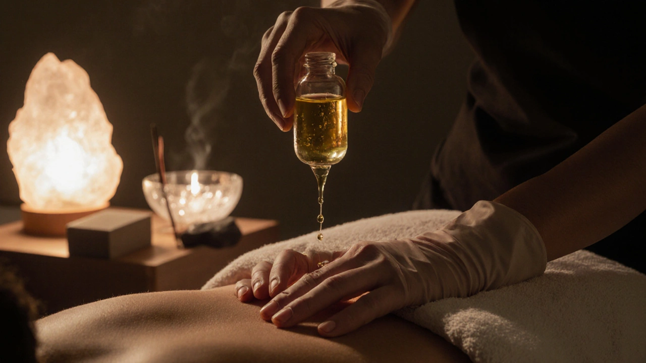 Therapist’s hands gently applying warm oil to a client’s lower back in a peaceful, dimly lit room.