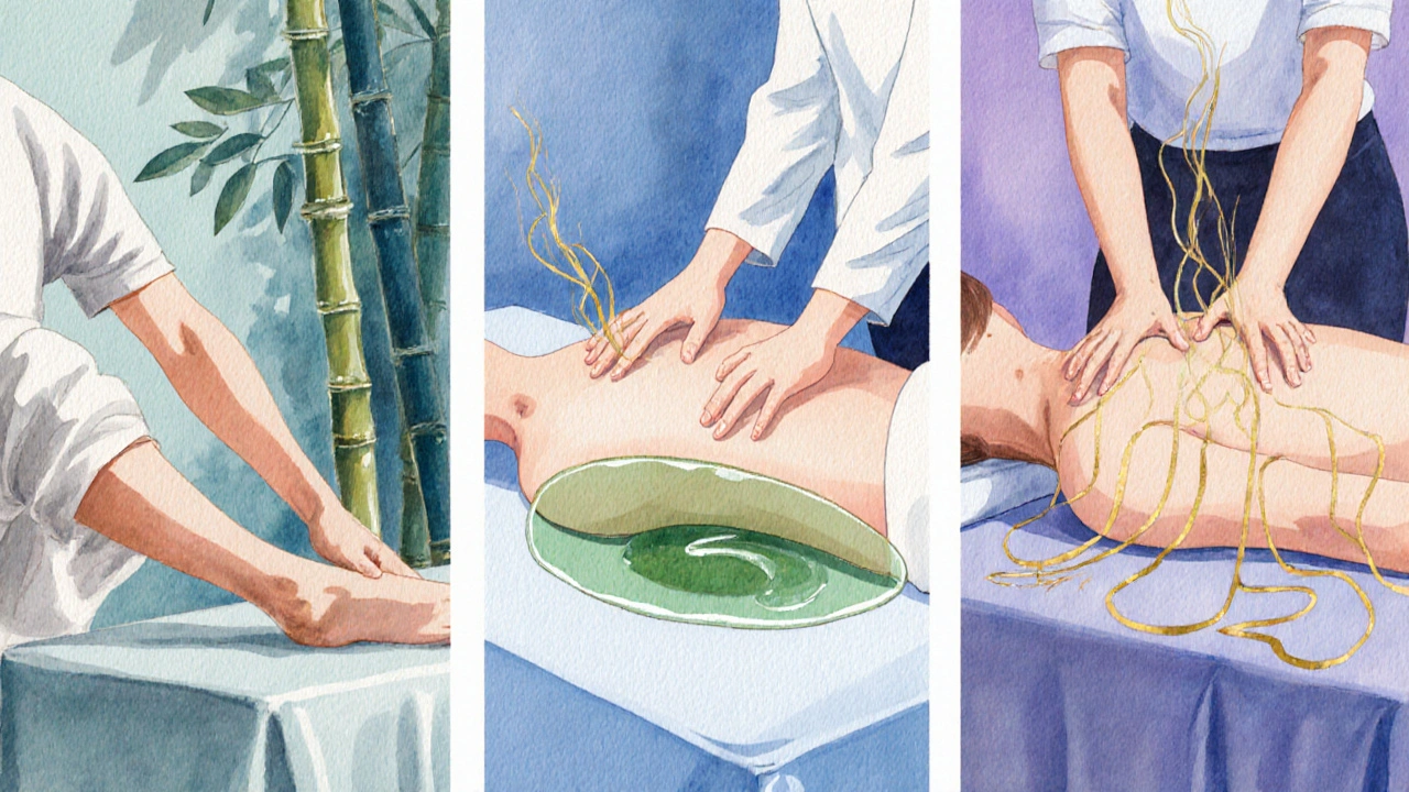 Three watercolor panels showing Thai stretching, Nuru gel, and Tantric breathing massages.