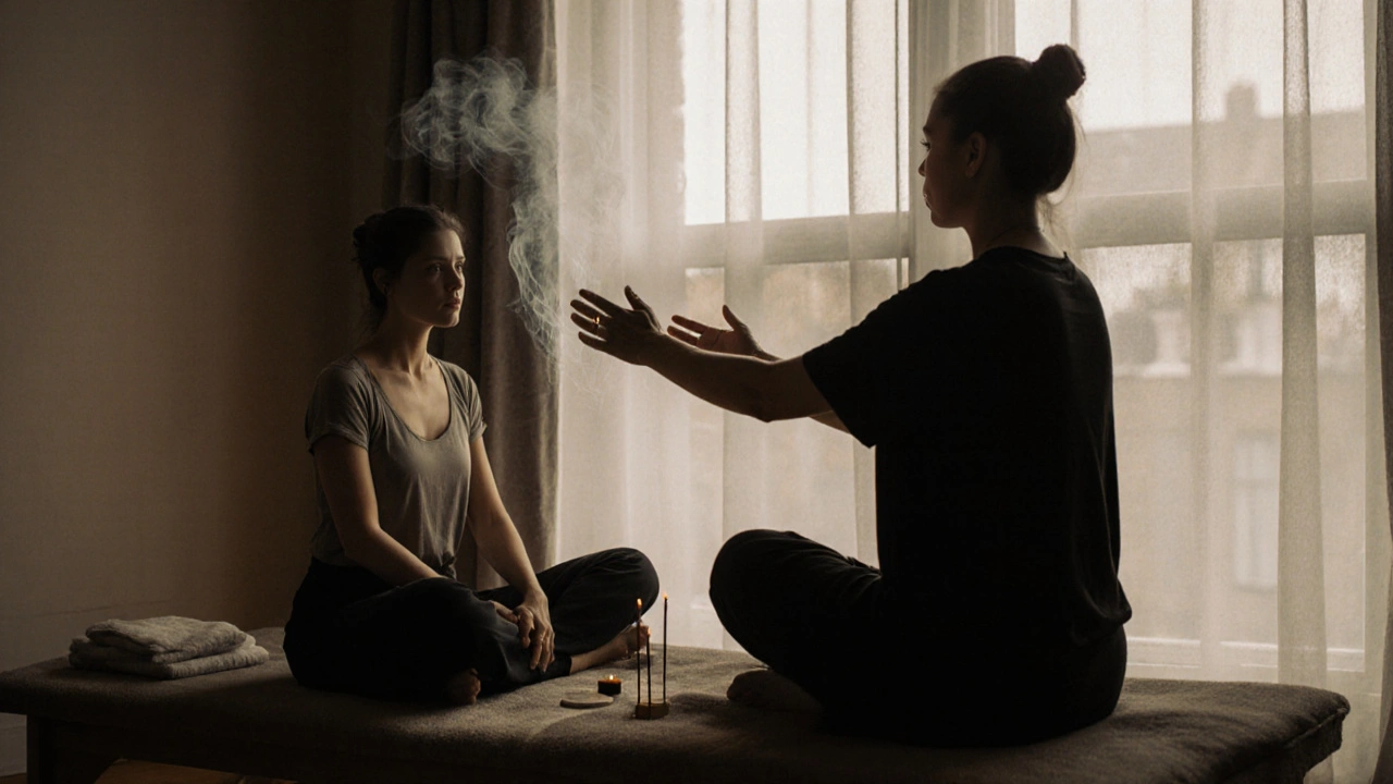 Two people in quiet connection during a tantric massage, hands hovering near each other in a serene, smoke-tinged room.