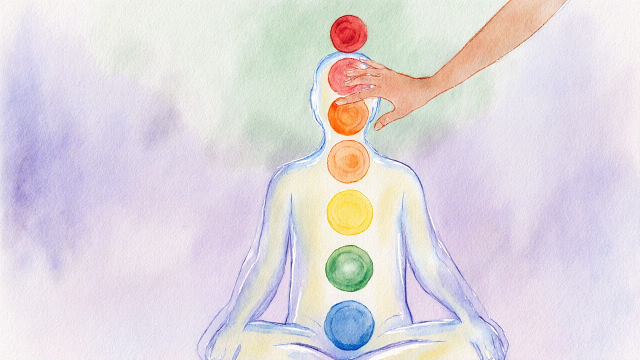 Watercolor illustration of a figure receiving a full-body chakra journey, each chakra shown as a colored wheel along the spine.