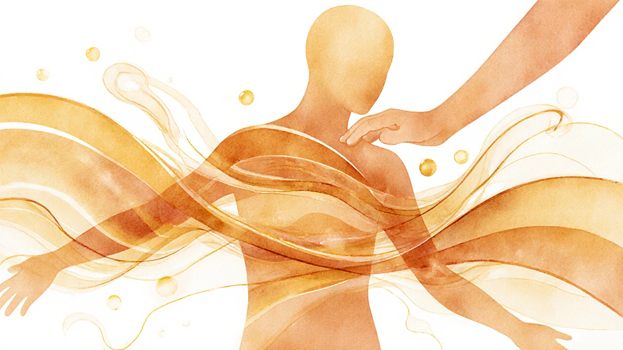 Watercolor silhouette of a person embraced by warm waves, symbolizing deep relaxation and emotional release.