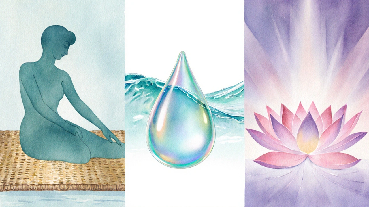 Watercolor split scene showing Thai stretch silhouette, seaweed gel wave, and lotus mandala.