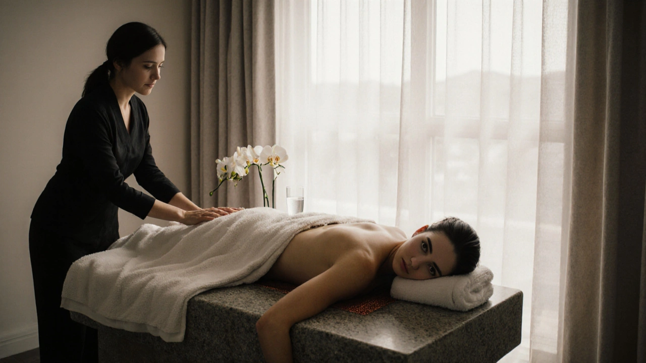 A client resting after a massage, wrapped in a towel, with a glass of water and orchid nearby in a peaceful studio.