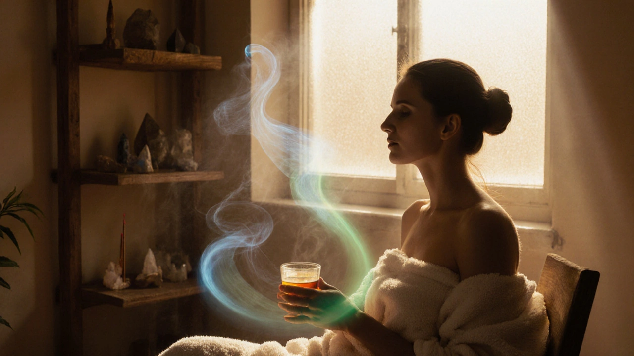 A client sitting quietly after a session, wrapped in a towel, holding tea as soft light and subtle energy swirl around them.