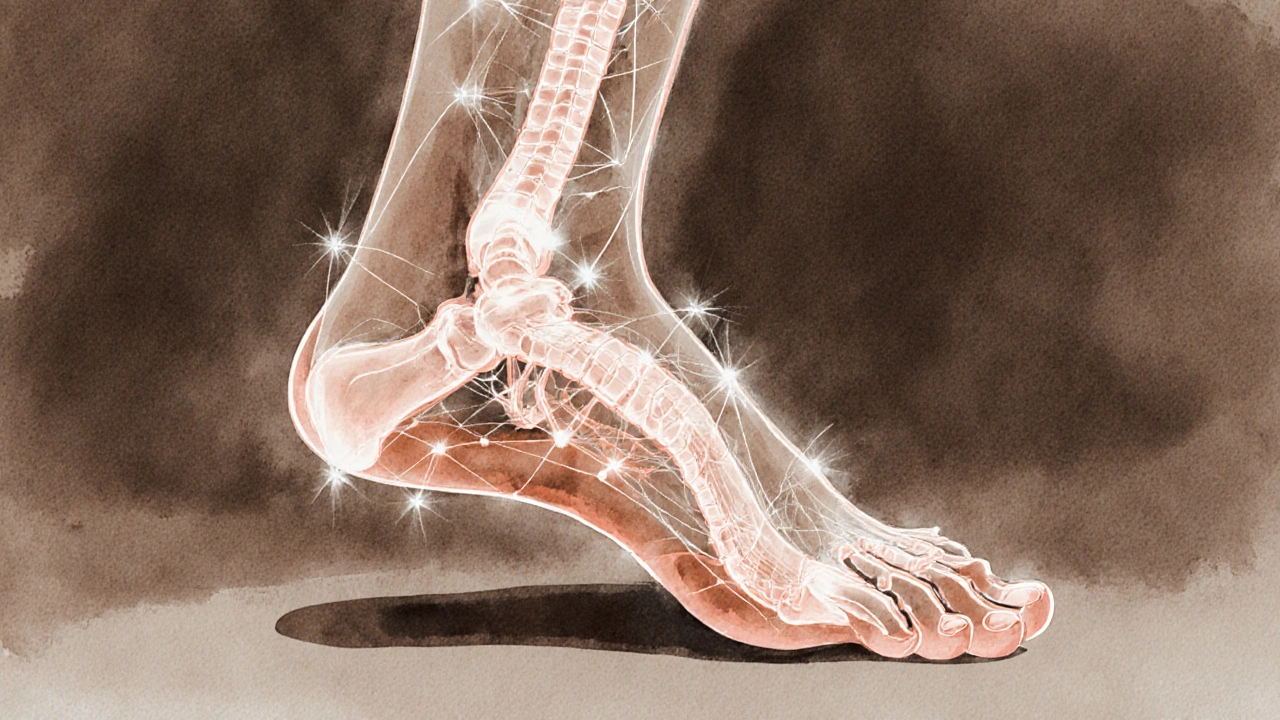 A foot with glowing pathways connecting pressure points to body organs.
