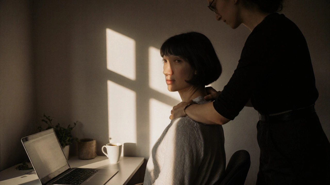 A freelance designer receiving a therapeutic massage in her apartment, relaxed and at ease.