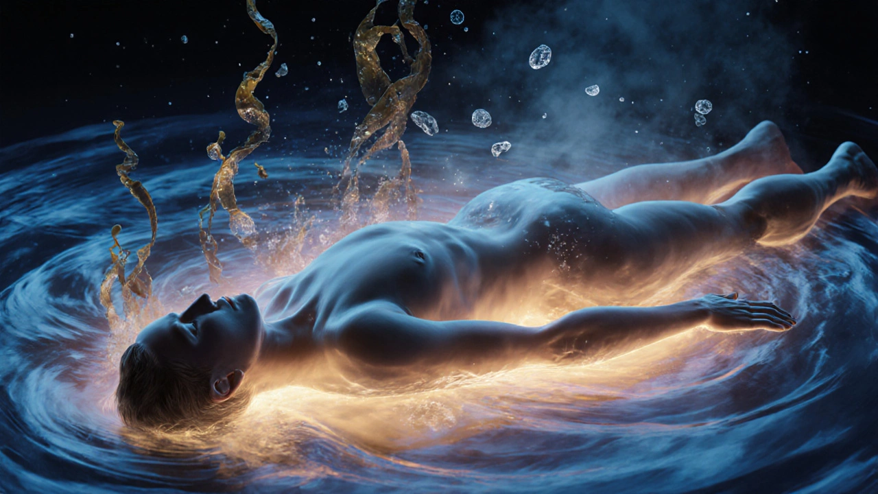 A human form dissolving into calming waves of blue and gold light, representing stress relief and nervous system reset.